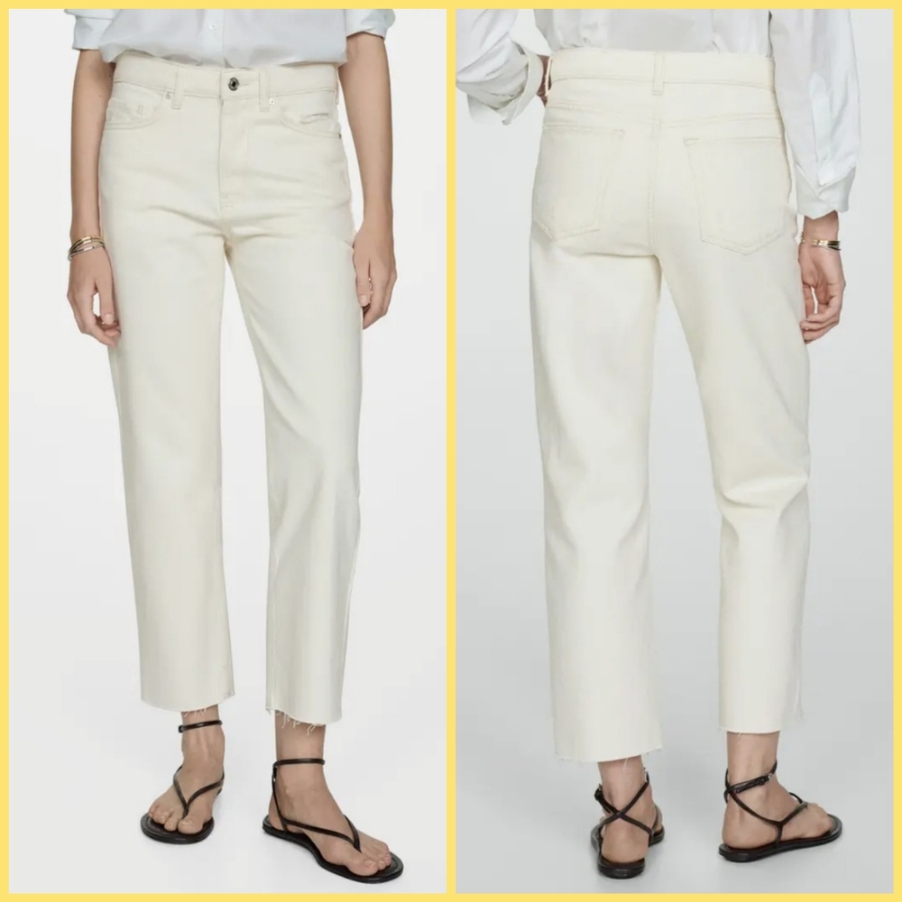 🤍Mango Straight Leg Off White Denim Jeans with Raw Hem